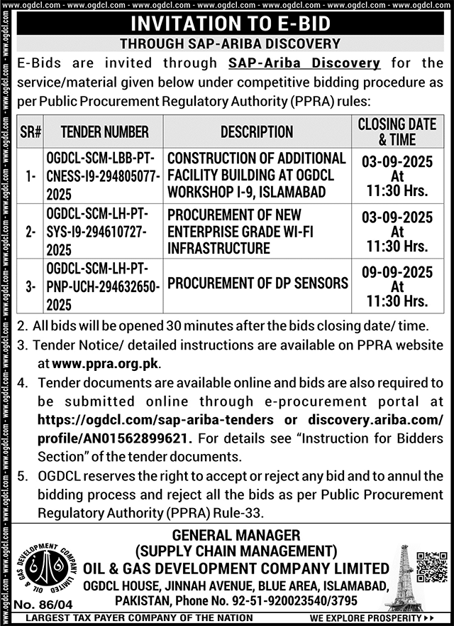 Oil & Gas Development Company Limited Islamabad Tender Notice-1
